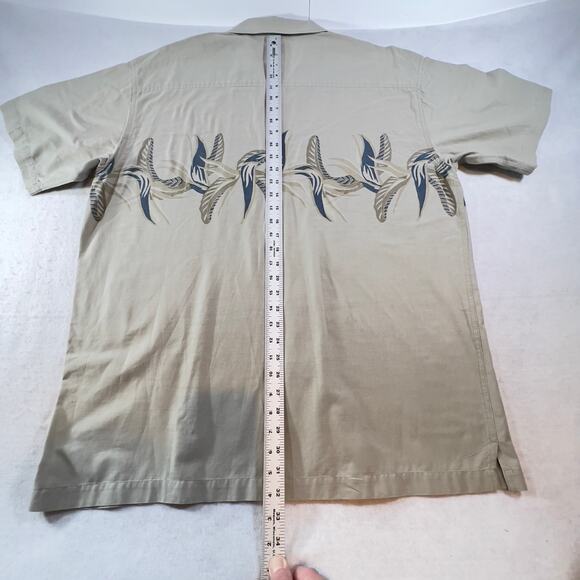 Button Shirt M.E. Sport Men's XL Tan w/ Slate Blue Floral Print Collared Cotton - Picture 8 of 9